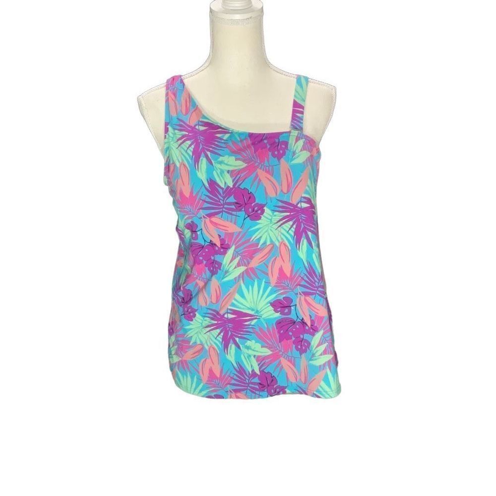 Lands End Women’s One Shoulder Lined Bathing Suit Top Aqua Blue Floral Size 14L